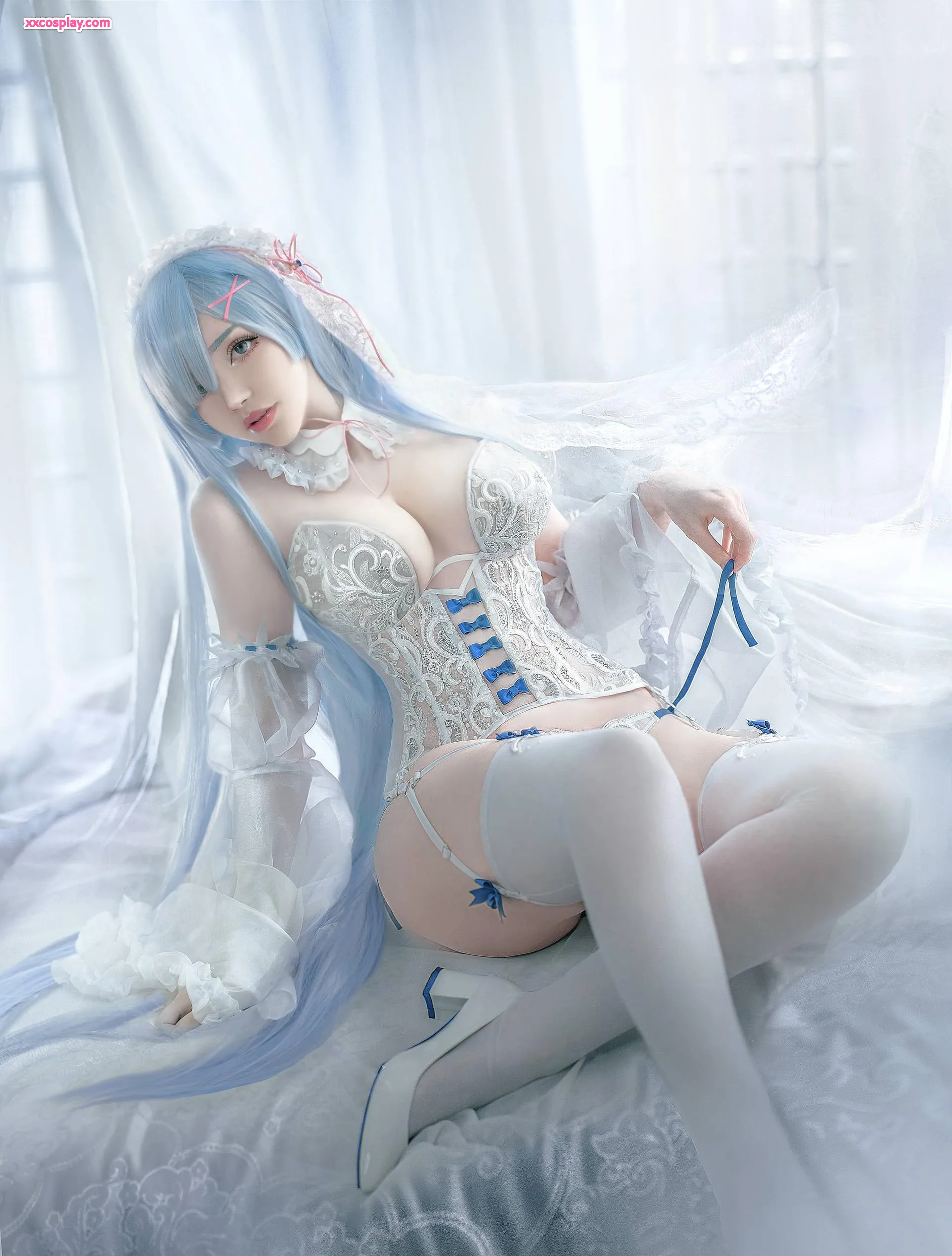 Sayathefox as Rem: Enchanting Lace Bridal Lingerie